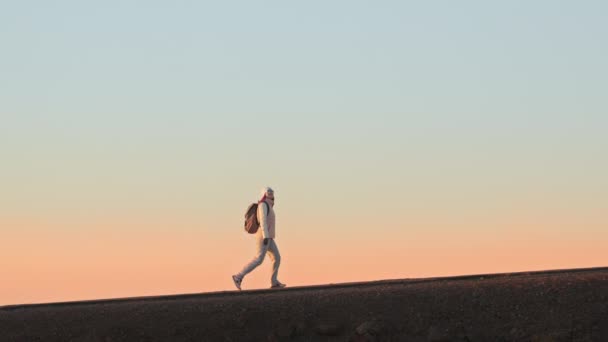 Viajero feliz activo mujer saltando, bailando y divirtiéndose al aire libre 4K viajes — Vídeos de Stock