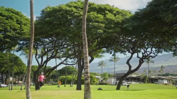 Mujer atlética haciendo ejercicio al aire libre corriendo en el fondo verde del parque, verano 4K — Vídeo de stock