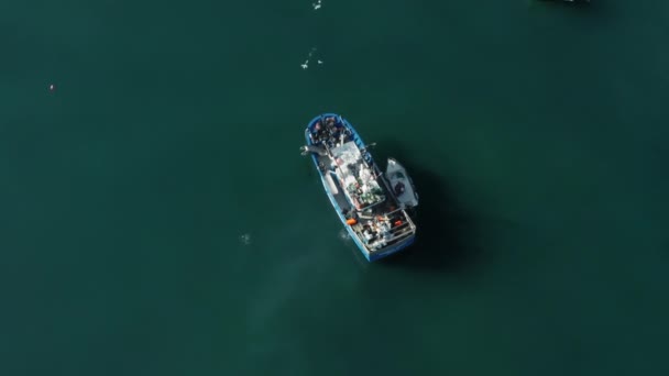 Images de drones de pêcheurs chargeant un bateau avec un transport — Video