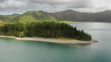 Bir gölün kıyısındaki sık bir ormanın insansız hava aracı görüntüleri.