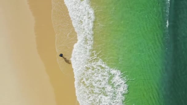 Aerial footage of a man walking into turquoise waters — Stock video