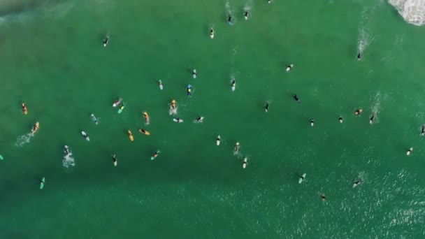 Baleal, Portugalsko, Evropa. Lidé plavání s SUP desky, jak je vidět shora — Stock video