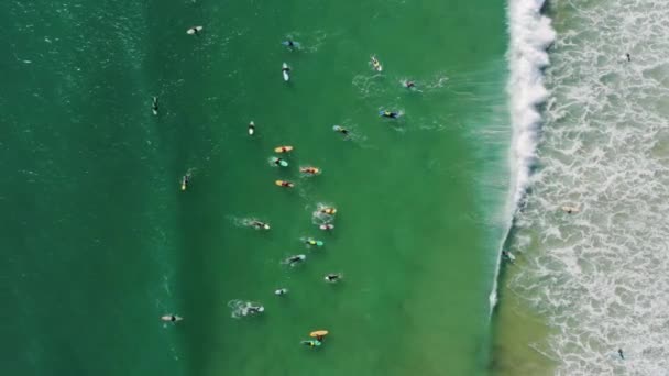 Personas en tablas de surf dentro de aguas turquesas como se ve desde arriba — Vídeos de Stock