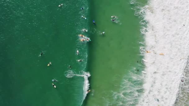 Baleal, Portugália, Európa. Drónfelvételek szörfösökről, akik a hullámra várnak. — Stock videók