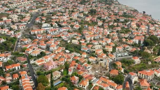 Letecký pohled na hustou osadu s půvabnými chalupami na sopečném ostrově — Stock video