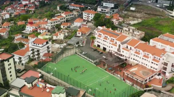 As pessoas jogam futebol no estádio de relva artificial — Vídeo de Stock