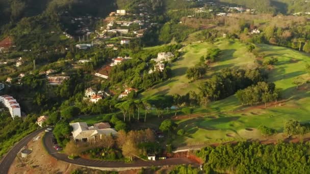 Volcanic rocks with luxurious vegetation as seen from above — Stock Video