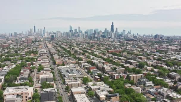 Mooie groene voorstedelijke Chicago uitzicht op de stad, Residentiële huizen met uitzicht op het centrum — Stockvideo