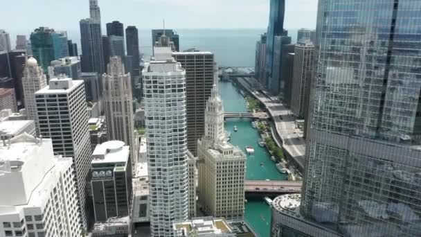 Κινηματογραφική κεραία από φωτεινό πράσινο ποτάμι της πόλης με γέφυρες δρόμους στο Σικάγο, ΗΠΑ — Αρχείο Βίντεο