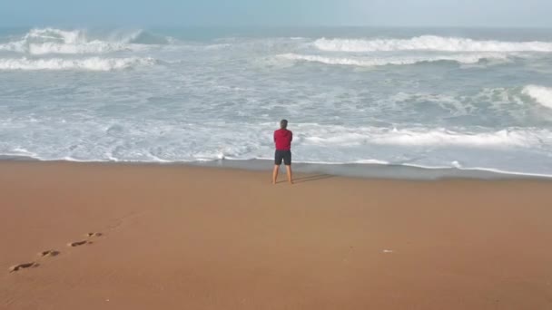Огромные вспененные волны, плескающиеся на береговую линию, как видно с берега — стоковое видео