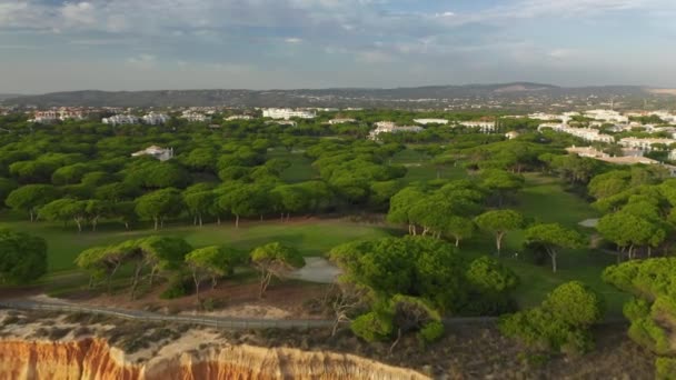 Żywe pola golfowe z domkami letniskowymi i pięknymi stokami, jak widać z góry — Wideo stockowe