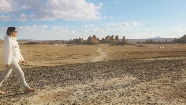 Passeio turístico feliz por lago de sal cinematográfico com Pináculos de Trona no fundo — Vídeo de Stock