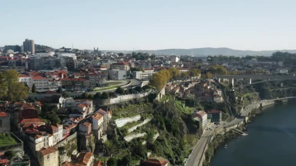 背景に絵のように美しい川沿いの都市景観 — ストック動画