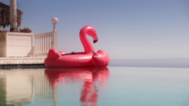 Отдых надувной Фламинго плавающий матрас в бассейне бесконечности — стоковое видео