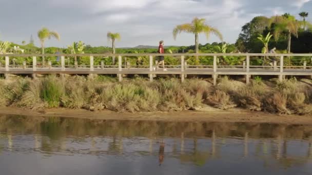 Junger Mann auf der Brücke von Quinta do Lago, Algarve, Portugal, Europa — Stockvideo