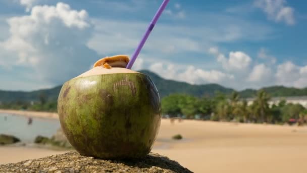 Noix de coco fraîche avec paille à boire sur la plage tropicale, Time Lapse — Video