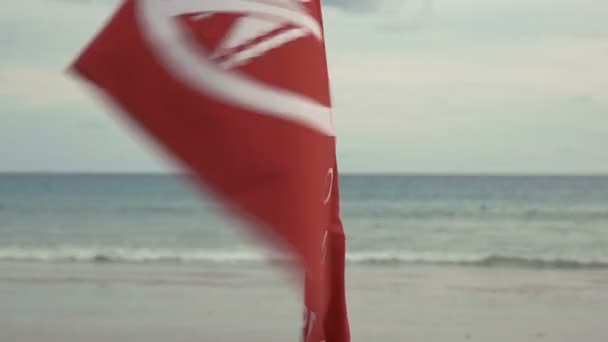 Stormen seizoen. Rode waarschuwing vlag op het strand - geen zwemmen hier — Stockvideo