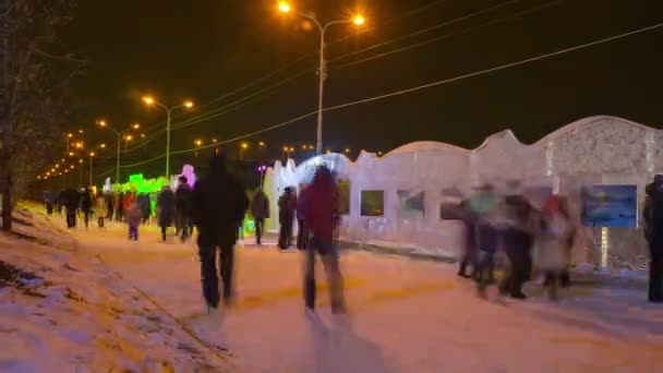 Des gens marchent à l'exposition des figures de glace — Video