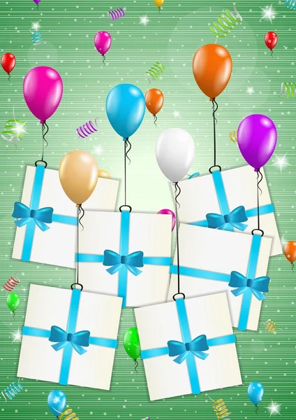 Cartão de aniversário com balões e presente —  Vetores de Stock