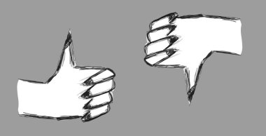 Soyut ve yaratıcı başparmak olumlu ve olumsuz karar ya da seçimin bir sembolü olarak taslak çizimini onayladı ve onayladı.