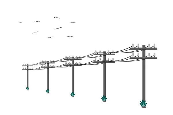 Hoogspanningsleidingen Verbonden Met Draden Silhouetten Van Vogels Witte Achtergrond — Stockvector