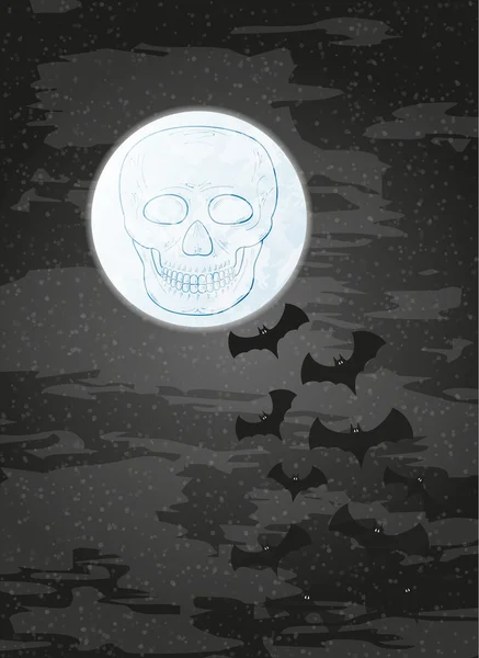 Ночь с луной, черепом и летучими мышами — стоковый вектор