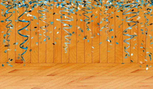 Queda de confete azul no quarto de madeira —  Vetores de Stock