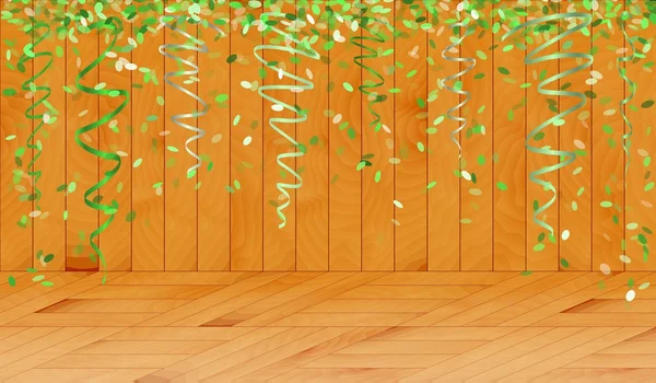 Fallande gröna konfetti i trä rum — Stock vektor