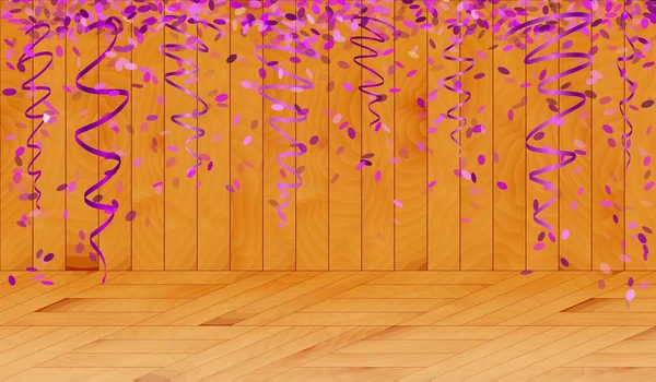 Queda de confete violeta no quarto de madeira —  Vetores de Stock