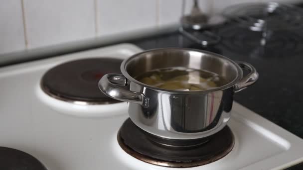 Cocinar las patatas en agua hirviendo . — Vídeos de Stock