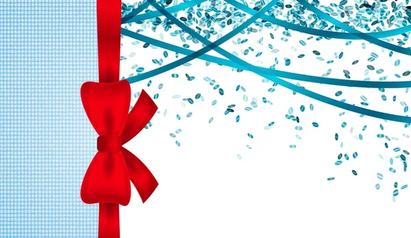 Carton bleu avec arc et confettis — Image vectorielle