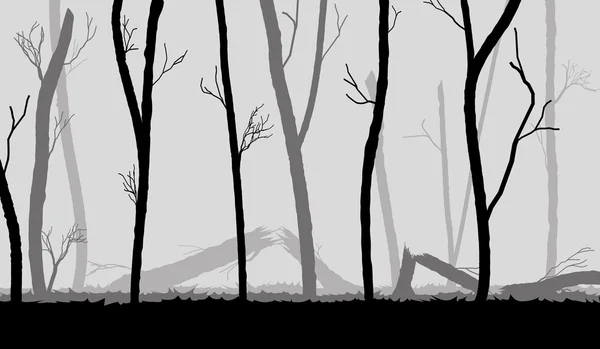 Forest in the dark mist, trees silhouettes — Stock Vector