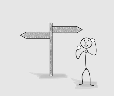 confused man and two different arrows