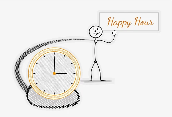 Man with happy hour panel and clock — Stock Vector