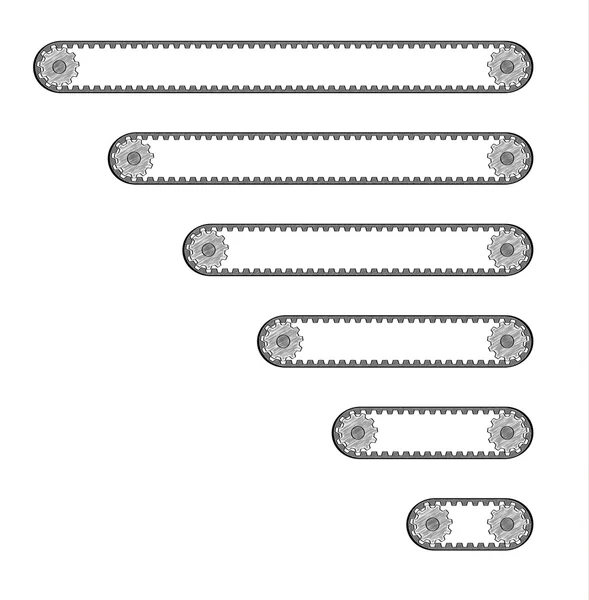 Seis bandas transportadoras con dos ruedas dentadas — Vector de stock