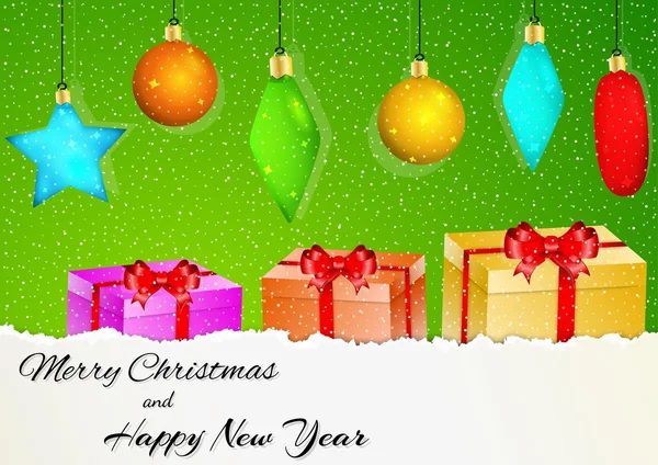 Illustration de Noël avec cadeaux et boules — Image vectorielle