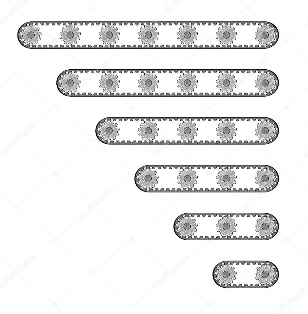 six conveyor belts with many cogwheels