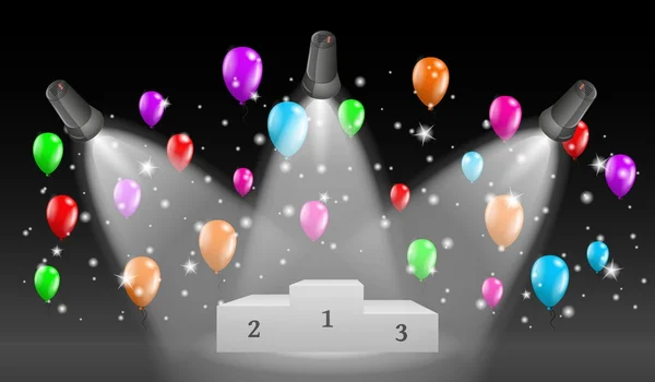 Podium gagnant et lumières avec ballons — Image vectorielle