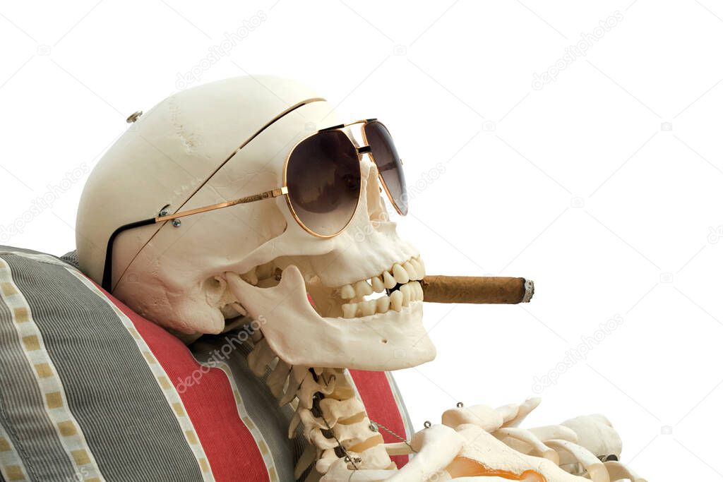 Skeleton with cigar on deck chair. Smoking kills.