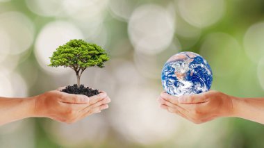 İnsanların elinde ağaçlarla gezegenlerin değişimi, Dünya Günü kavramı ve Çevre Dengesi, NASA tarafından desteklenen bu görüntünün elementleri..