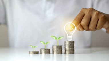 Ağaçlar madeni paralar ve ampuller, madeni paralar üzerinde yaratıcılık, para büyüme fikirleri ve iş yatırım sistemleri üzerinde büyür.