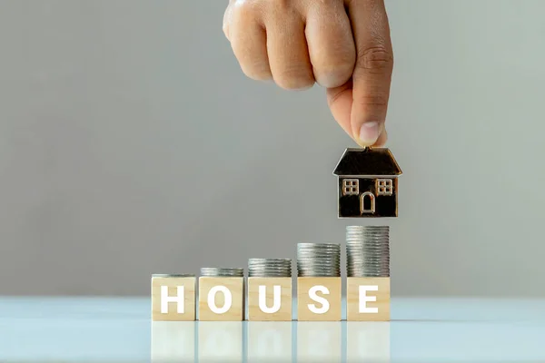 Piles Coins Placed Wooden Cube Words House Hand Holding House — Stock Photo, Image