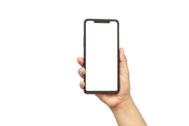 El beyaz ekranı tutuyor, cep telefonu kırpma yolu ile beyaz bir arkaplanda izole edilmiş..