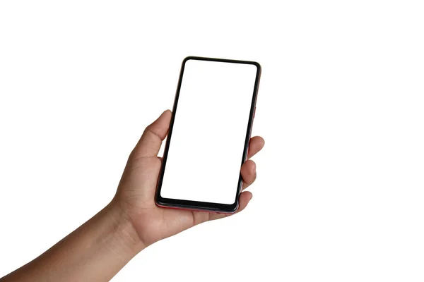 Рука Держит Белый Экран Мобильный Телефон Изолирован Белом Фоне Вырезкой — стоковое фото