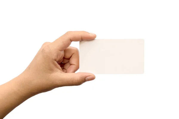 Weibliche Hand Mit Einer Leeren Karte Isoliert Auf Weißem Hintergrund — Stockfoto
