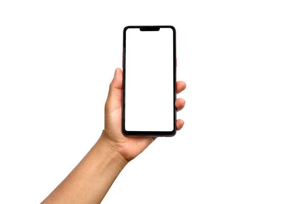 Hand Houdt Het Witte Scherm Vast Mobiele Telefoon Geïsoleerd Een — Stockfoto