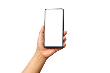 El beyaz ekranı tutuyor, cep telefonu kırpma yolu ile beyaz bir arkaplanda izole edilmiş..