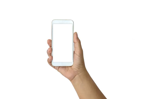 Żeńska Ręka Trzymająca Biały Telefon Komórkowy Biały Ekran Białym Izolowanym — Zdjęcie stockowe