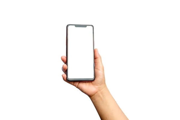 Ręka Trzyma Biały Ekran Telefon Komórkowy Jest Odizolowany Białym Tle — Zdjęcie stockowe