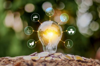 Enerji tasarrufu lambası ve çevre dostu enerji ikonu, dünya günü konsepti ve enerji tasarrufu